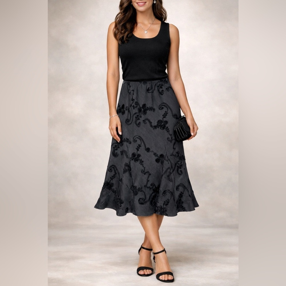 Lena Gabrielle Black Gray Floral Burnout Midi Skirt Size 10 Lined Elegant Y2K